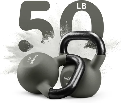 Miniatura 9 de Yes4All Pesas rusas, pesas rusas de hierro fundido recubiertas de neopreno de 5-65 LB, asa de agarre ancho y fondo plano para balanceos, D. 15