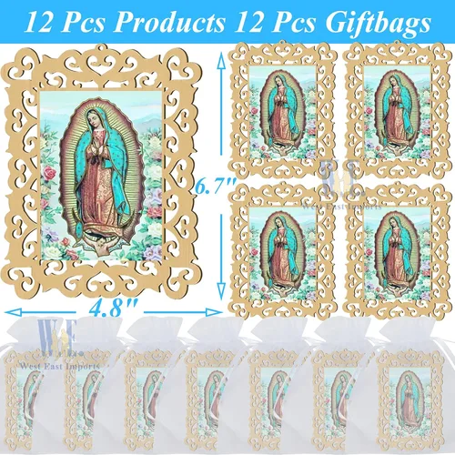 Miniatura 2 de Bautizo Favores 12 piezas Nuestra Señora de Guadalupe marcos de fotos de madera para primer viaje bautizo conmemorativo regalo con bolsas