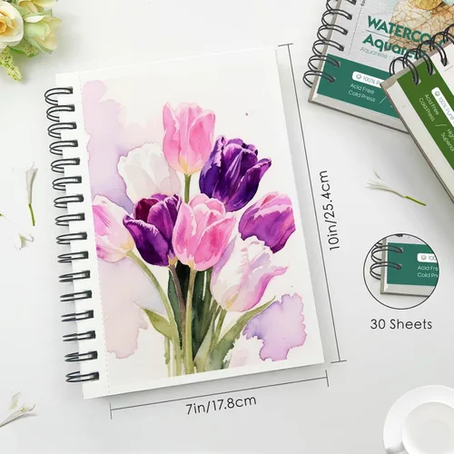 Miniatura 5 de KOVIEDE Bloc de papel de acuarela 100% algodón, 30 hojas de 7 x 10 pulgadas, encuadernado en espiral, 140 libras/10.58 oz/m², cuaderno de bocetos