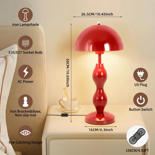 Miniatura 5 de Lámpara de mesa de hongos, lámparas únicas de maceta para dormitorio, bonita lámpara de escritorio LED roja, lámpara moderna de mediados de siglo