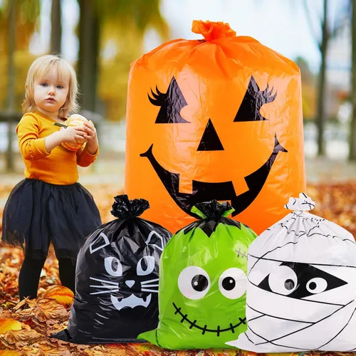 Miniatura 6 de Paquete de 12 bolsas de basura de plástico resistentes con lazos giratorios, 6 diseños de bolsas de basura grandes de calabaza para jardín, césped