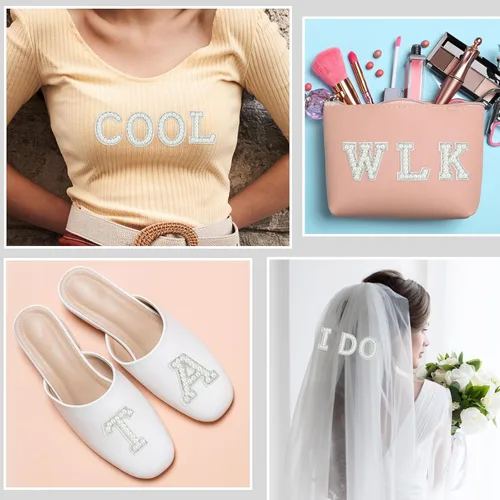 Miniatura 6 de Morcheiong 52 piezas de parches de letras de perlas con strass autoadhesivos A-Z, parches de letras de perlas para pegar en ropa, tela, mochila