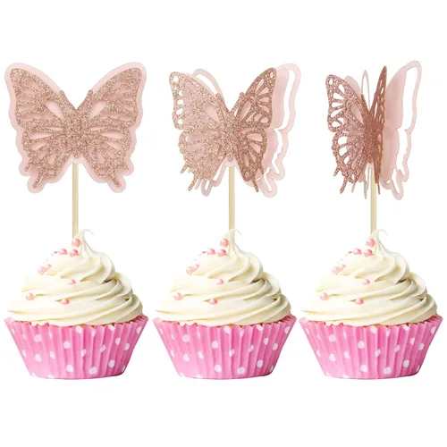 Miniatura 9 de Gyufise Paquete de 24 adornos de mariposa ensamblados con purpurina dorada, decoraciones de mariposa dorada, púas para cupcakes, bodas, 4-dorado
