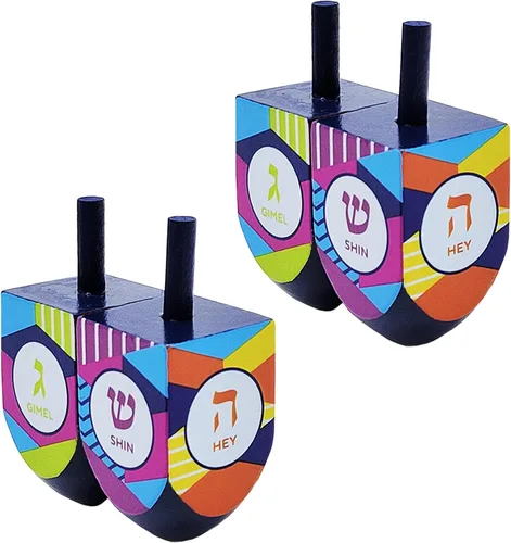 Miniatura 4 de The Dreidel Company Dreidels de Hanukkah de madera pintada a mano, extra grande, paquete de 10 diseños retro Dreidel 2-Multicolor