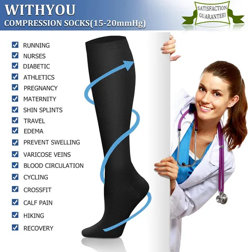 Miniatura 7 de WITHYOU Los calcetines de compresión de 15-20 mmHg son los mejores atléticos para hombres y mujeres, correr, vuelo, viajes, enfermeras embarazadas