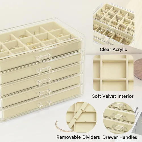 Miniatura 6 de KAMIER Caja organizadora de aretes con 5 cajones, caja organizadora de joyas de acrílico transparente para mujeres, juego de 20 bolsas de joyería