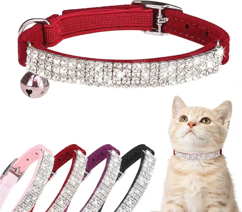 Miniatura 16 de BINGPET collar ajustable para gatos, de terciopelo suave, seguro, collares Bling diamante con cascabel, Adjustable, Rosado claro Rosa