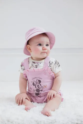 Miniatura 2 de Disney Overol corto de rizo francés para niñas jóvenes, camiseta y sombrero, traje de 3 piezas, tallas de recién nacido a bebé (0-24 meses)