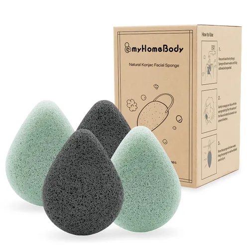 myHomeBody Esponjas faciales naturales Konjac – forma de lágrima – para una limpieza y exfoliación facial suave – con carbón activado y aloe vera,