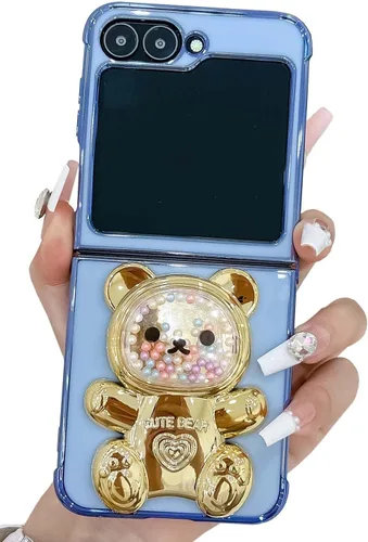 Miniatura 17 de Bonita funda compatible con Samsung Galaxy Z Flip 5/Z Flip 6 de 6.7 pulgadas, cuentas de lujo de color dorado 3D de arena movediza con soporte
