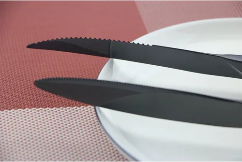 Miniatura 8 de Juego de cubiertos de acero inoxidable negro pulido con espejo, cuchillo de carne, tenedor, tenedor de ensalada, cuchara de postre, 24 piezas