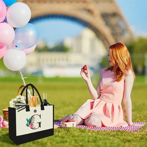 Miniatura 31 de Bolsa de lona con inicial, regalos de cumpleaños personalizados para mujeres, madres, amigas y profesoras, bolsas de mano con monograma adecuadas