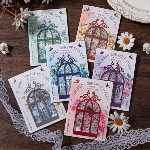 Miniatura 5 de LakoArt 120 calcomanías de pájaros y flores con borde holográfico plateado y fondo transparente, calcomanías de álbum de recortes de naturaleza