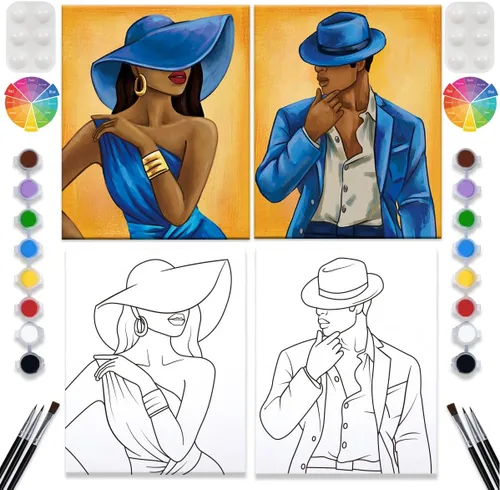 Paquete de 2 Kit de Lienzo para Pintar y Beber, Lienzo Predibujado para Pintar para Adultos, Lienzo Estirado, Juegos para Parejas, Noche de Cita,