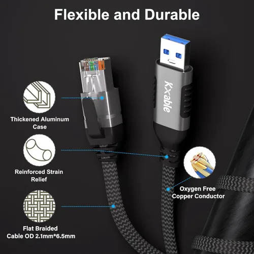 Miniatura 4 de Cable plano USB a Ethernet de 4 pies, cable delgado USB 3.0 A a RJ45, conectado directamente, aluminio, trenzado, OFC, cable de red LAN USB a RJ45