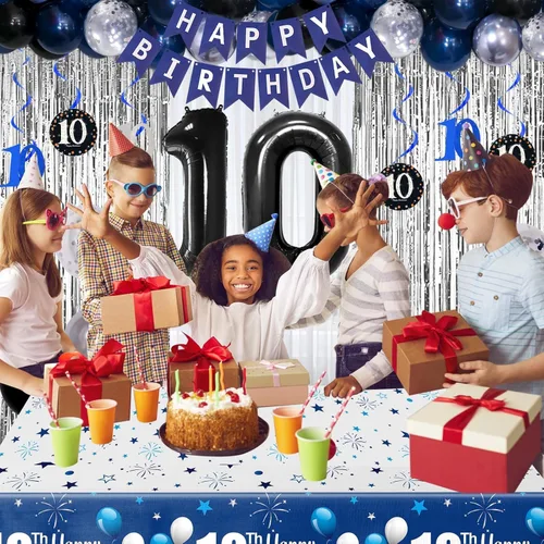 Miniatura 4 de Decoraciones de cumpleaños número 10 para niños y niñas, color azul oscuro, doble dígitos con pancarta de feliz cumpleaños, mantel de globos de 10