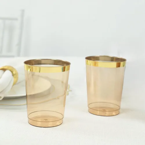 Efavormart - Paquete de 25 vasos de plástico color ámbar dorado de 10 onzas con borde dorado, vasos de cristal teñido cálido para Acción de Gracias,