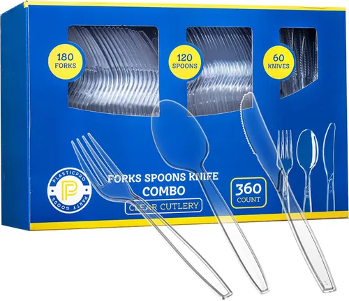 Plasticpro Cubiertos de plástico desechables de 360 unidades - Cubiertos de 360 unidades (incluye 180 tenedores, 120 cucharas y 60 cuchillos)