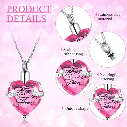 Miniatura 39 de 16 piezas de collar de urna para cenizas, medallón de cenizas talladas de acero inoxidable impermeable con 8 kit de relleno, cilindro de corazón