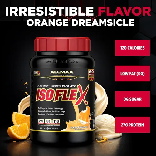 Miniatura 9 de AllMax Nutrition ISOFLEX Proteína aislada de suero, Sabor a Naranja y Crema - 2 lb (907 g) - 27 Gramas de Proteína por Cucharada - Cero Grasa