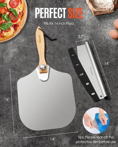 Miniatura 2 de Mooues Pala para Pizza de Aluminio Espátula para Pizza, Pala de Pizza de Metal (14 x 16 pulgadas) con Cortador Basculante Mango de Madera Plegable