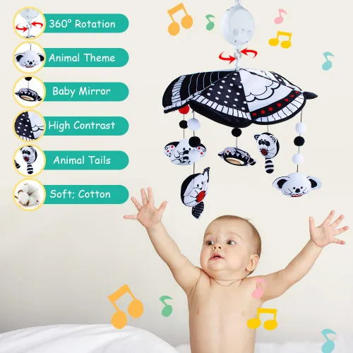 Miniatura 2 de Móvil para cuna de bebé, móvil con espejo, juguete de alto contraste en blanco y negro, recién nacidos, niños y niñas, juguetes giratorios