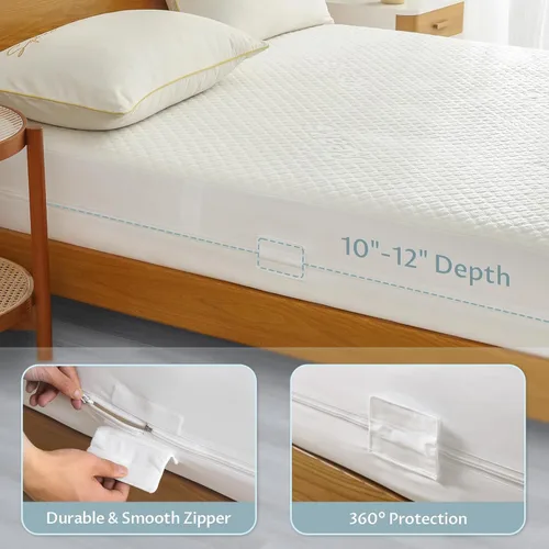 Miniatura 4 de Protector de colchón tamaño Twin con cremallera - Funda de colchón 100% impermeable con cremallera - Fundas de colchón suaves y refrescantes sin