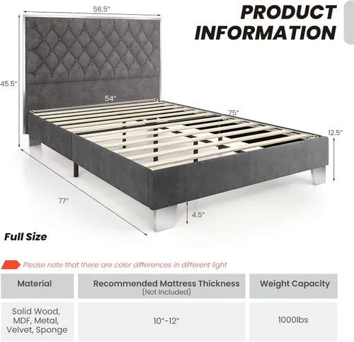 Miniatura 2 de Giantex Base de cama tapizada, plataforma moderna con cabecera de terciopelo capitoné con botones, marco de cama tamaño matrimonial, base de colchón