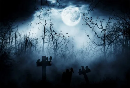Leyiyi Telón de fondo gótico de Halloween de 5 x 3 pies, grunge, cementerio, tumba, piedra cruz, cuervos, bosque brumoso, luna llena, murciélagos,