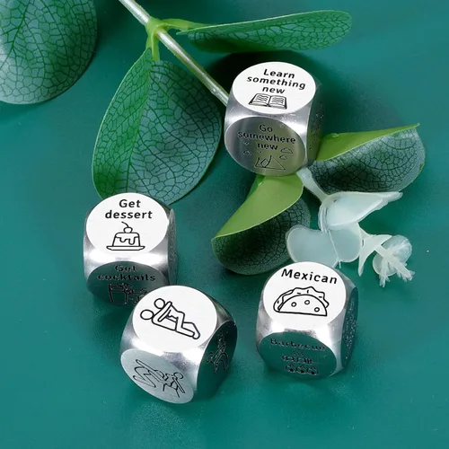 Miniatura 8 de Juego de dados sexuales de 4 piezas para parejas, regalo de 10 aniversario de acero para mujeres, hombres, regalos del día del padre para él