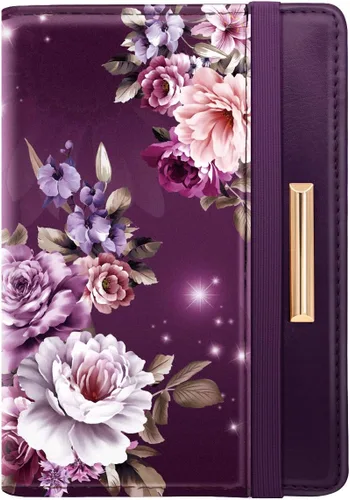 Funda para pasaporte de viaje tipo cartera con bloqueo RFID. Diseño de lindas flores color rosa oro, cartera para pasaporte con banda elástica para