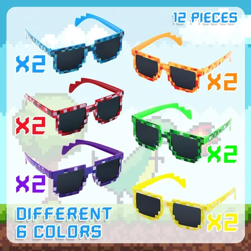 Miniatura 3 de CCINEE Paquete de 12 lentes de sol Pixel de colores surtidos, recuerdos de fiesta de minero, lentes de sol retro para jugadores, lentes pixelados