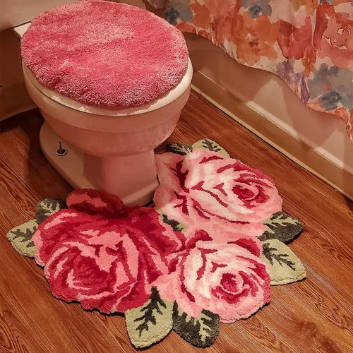 Miniatura 3 de UKELER Accesorios de baño rosas de 27.5 x 23.6 pulgadas, tapete de baño con diseño de flores rosas, antideslizante, lavable a máquina, tapete