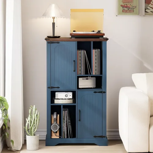 Miniatura 4 de Maupvit Soporte grande para tocadiscos, armario de almacenamiento de discos de vinilo azul marino de 47 pulgadas con puertas de granero, soporte