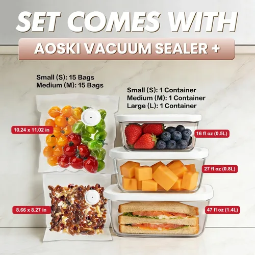 Miniatura 2 de Sellador al vacío compacto preservar para alimentos: máquina selladora al vacío portátil de mano + 3 recipientes de vidrio al vacío + 30 bolsas