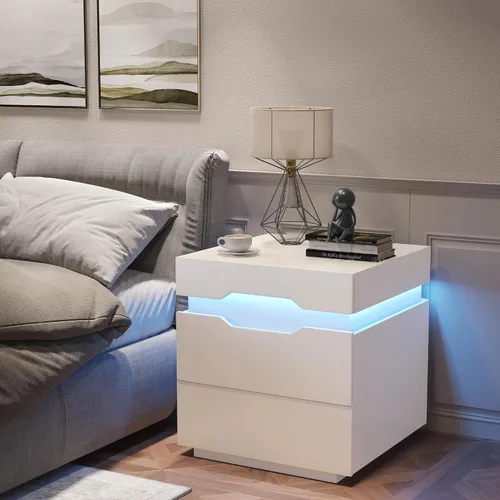 Miniatura 4 de YESHOMY Mesita de noche con luz LED y estación de carga, mesa auxiliar con 2 cajones, mesita de noche con gran capacidad, para dormitorio, juego