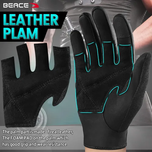Miniatura 3 de BEACE Guantes de gimnasio para levantamiento de pesas de dedo completo con palma de cuero antideslizante para entrenamiento, ejercicio, fitness