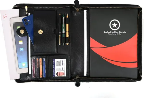 Cartera de negocios de cuero genuino con cremallera Organizador fácil de transportar con soporte para bloc de escritura, tarjetas de visita y