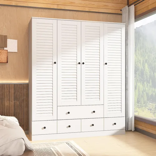 Miniatura 2 de AGOTENI Armario Ropero con 4 Puertas de Persiana y 2 Varillas para Colgar, Gabinete de Almacenamiento de Ropa de Madera con 5 Cajones y Estantes