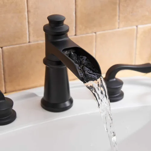 Miniatura 8 de BWE Grifo de baño generalizado de 3 agujeros, color negro mate con montaje de drenaje desplegable y manguera de suministro, cascada negra, de dos