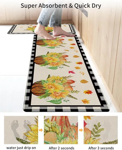 Miniatura 4 de Tapete de baño de calabaza y girasol a cuadros para bañera, antideslizante, de secado rápido y absorbente, de tierra de diatomeas, para fregadero