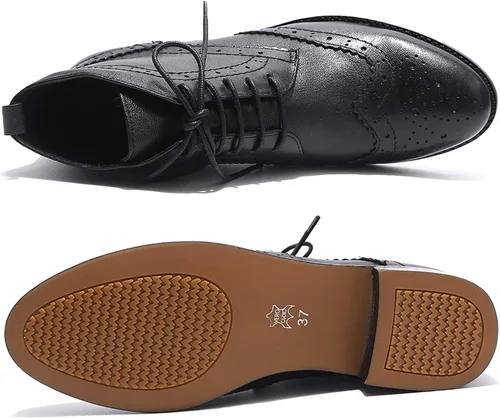 Miniatura 4 de Mona flying Botas Oxford de cuero cómodas con cordones para mujer, botas de tobillo de alta moda, botas de combate de tacón bajo