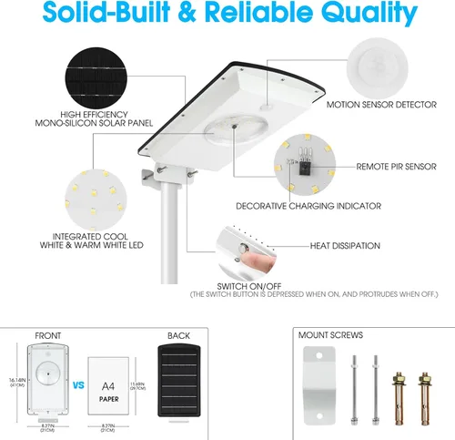 Miniatura 8 de Sensor de movimiento solar de luz de calle SunBonar, impermeable IP65 para entrada 3000K/6000K,3 Work Modes,Dimmable,Time Setting, Solar Flood