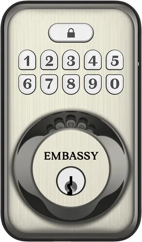 Embassy Cerradura de puerta electrónica sin llave con teclado iluminado, cerradura de seguridad con cerrojo de seguridad, 20 códigos de usuario