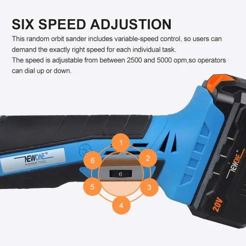 Miniatura 4 de NEWONE Pulidora orbital redonda inalámbrica de 20 V, búfer de doble acción, 5 pulgadas, 6 velocidades variables, mango antivibración, cera de pulido