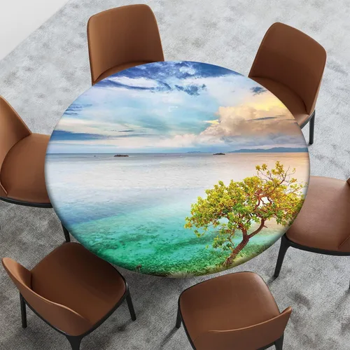 Miniatura 2 de Mantel con patrón de playa, borde elástico, impermeable, lavable, para uso en interiores y exteriores, patio, turquesa aguamarina, para mesas