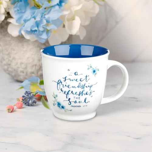 Miniatura 4 de Taza de cerámica de arte cristiano azul floral – 14 oz. Taza de café y té inspiradora con escrituras bíblicas apta para microondas y lavavajillas