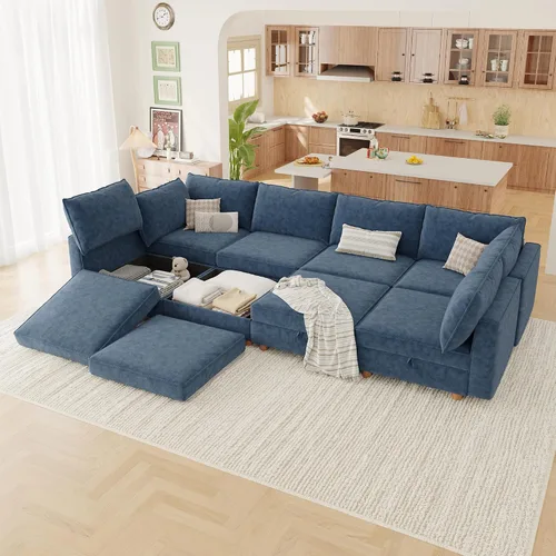 Miniatura 22 de 95.5" Sofá seccional modular de chenilla con almacenamiento oculto, sofá cama convertible en forma de L y U, sofá seccional moderno de 6 plazas