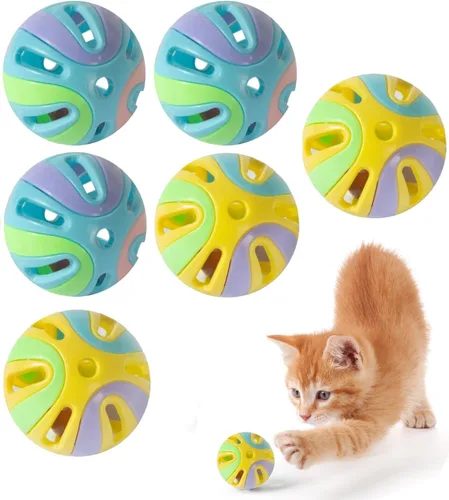 Miniatura 6 de Pelotas de juguete coloridas para gatos con campana, 6 unidades, diseño hueco interactivo, plástico, juguete de ejercicio de entrenamiento
