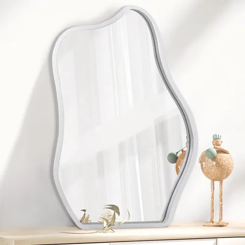 Miniatura 8 de Espejo de pared asimétrico con marco de madera, espejo colgante moderno irregular para pared para tocador, sala de estar, dormitorio, baño, entrada